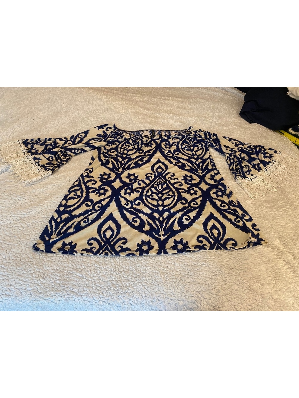Treasure Box Women’s XL Boho Tunic Dress Navy Cream Bell Sleeves Lace Trim